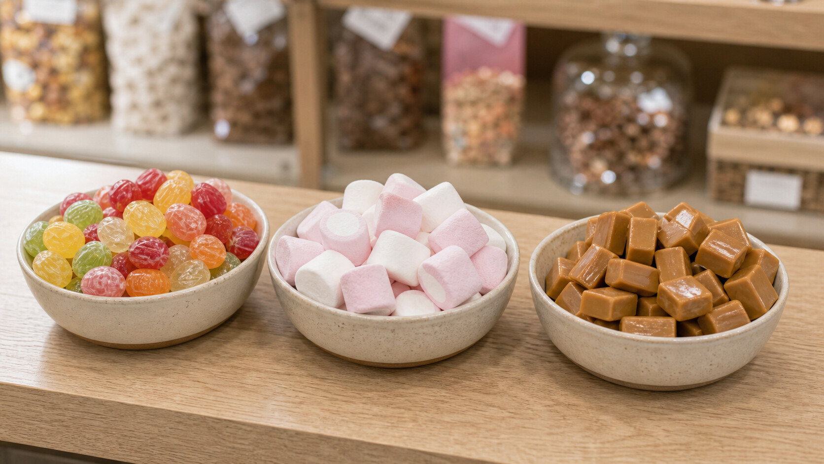 Bonbons durs, guimauves et caramels séparés dans trois coupelles